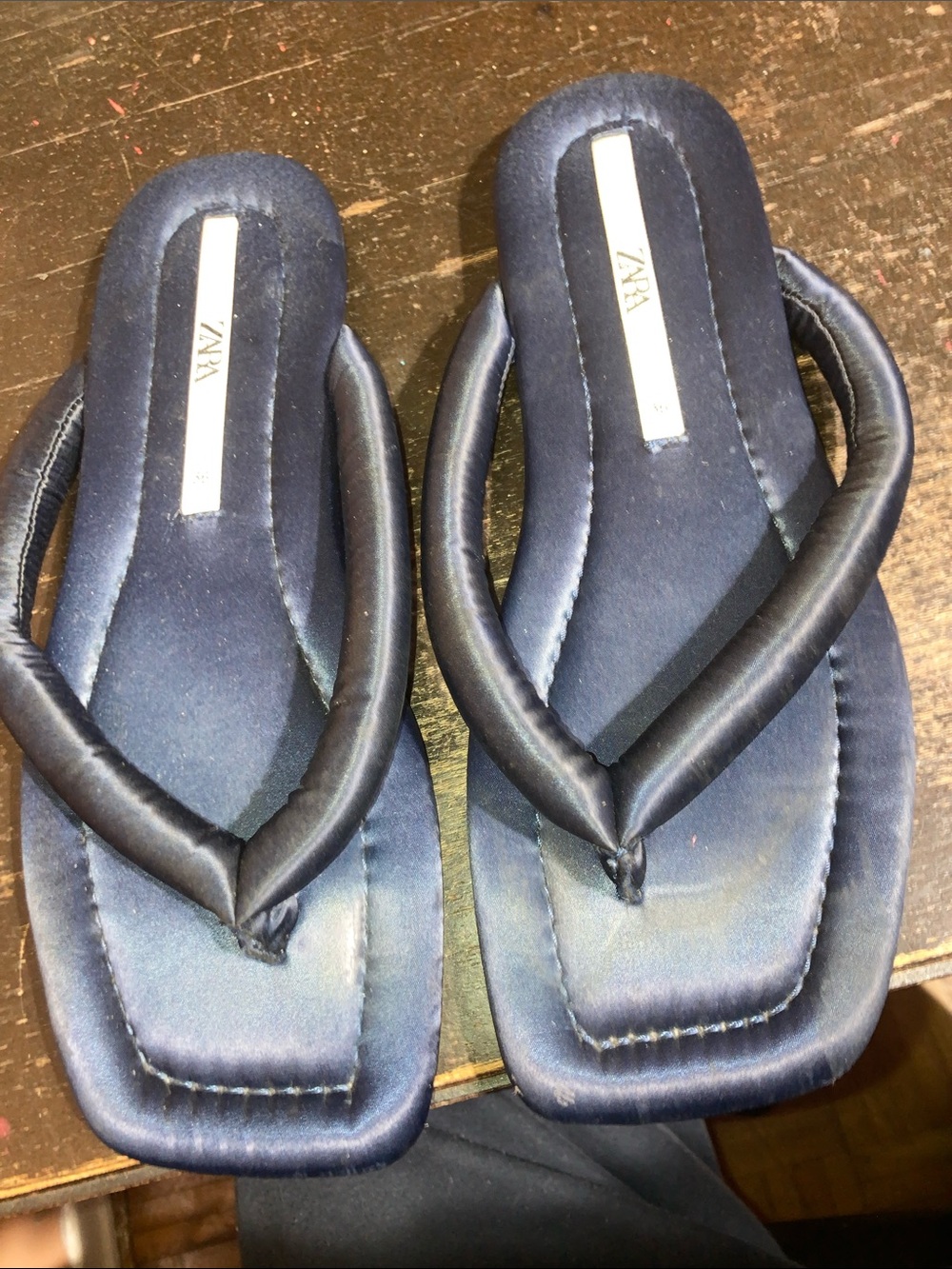 Zara Navy Padded Satin Flip Flop Sandals